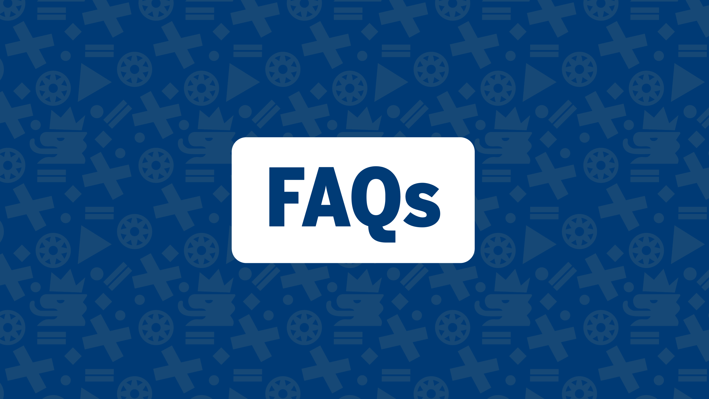 Blaues grafisches Hintergrundmuster mit Symbolen. In der Mitte befindet sich eine weiße, abgerundete Fläche mit dem Schriftzug „FAQs“ in dunkelblauer Schrift.